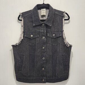 Vocal Dark‎ Wash Denim Vest Rhinestone Studded Women's Size L